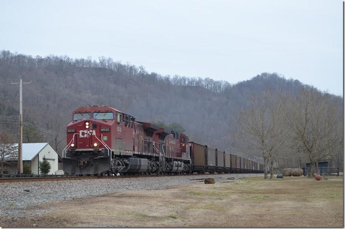 CP 8532-9757 on w/b empty coal train U820 at Broad Bottom KY. 01-25-2015.